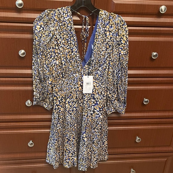 Reiss Daisy Deep V-Neck Puff Sleeve Print Mini Dress - Picture 4 of 7